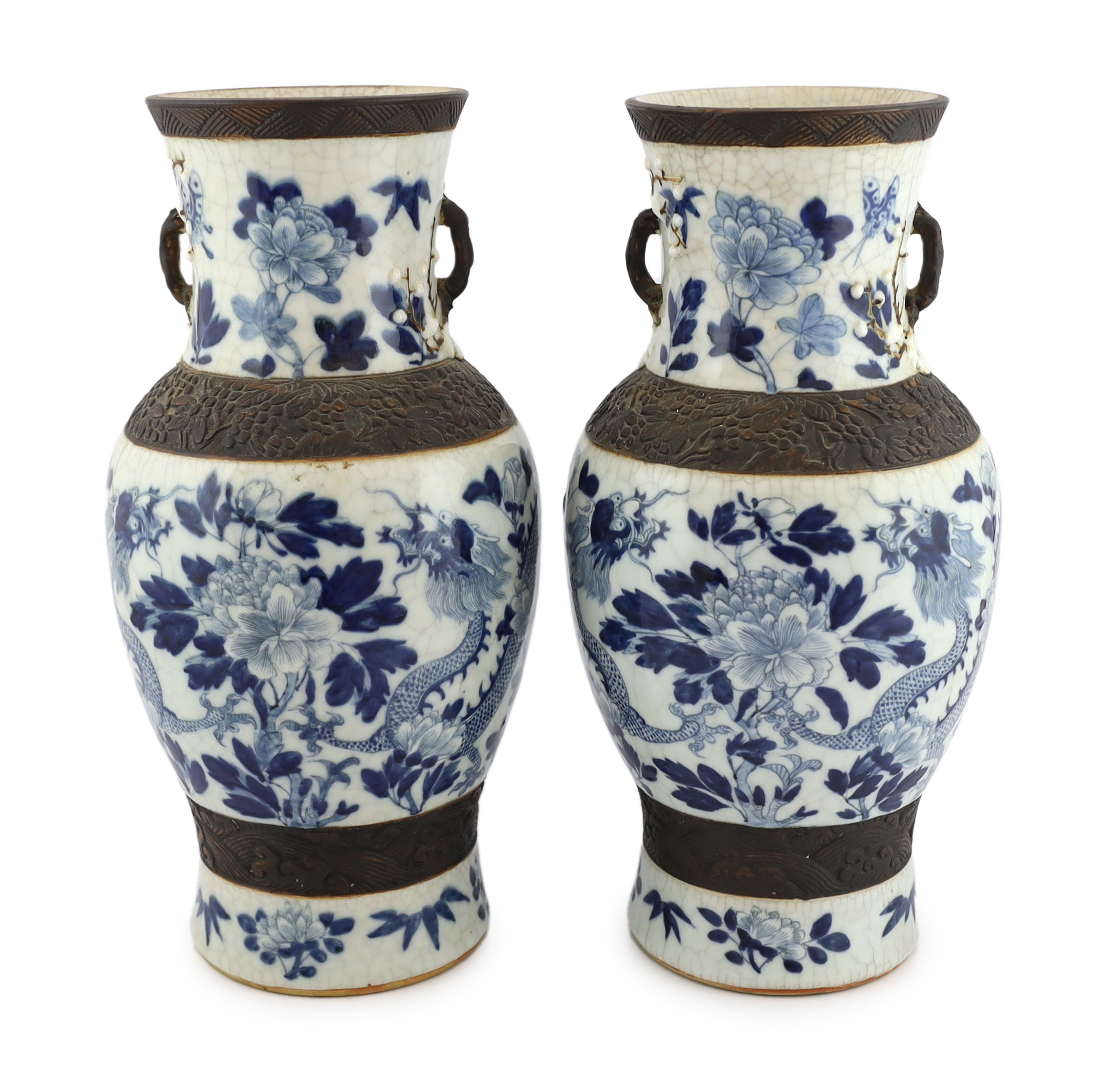 A pair of large Chinese blue and white crackle-glaze ‘dragon’ vases, early 20th century